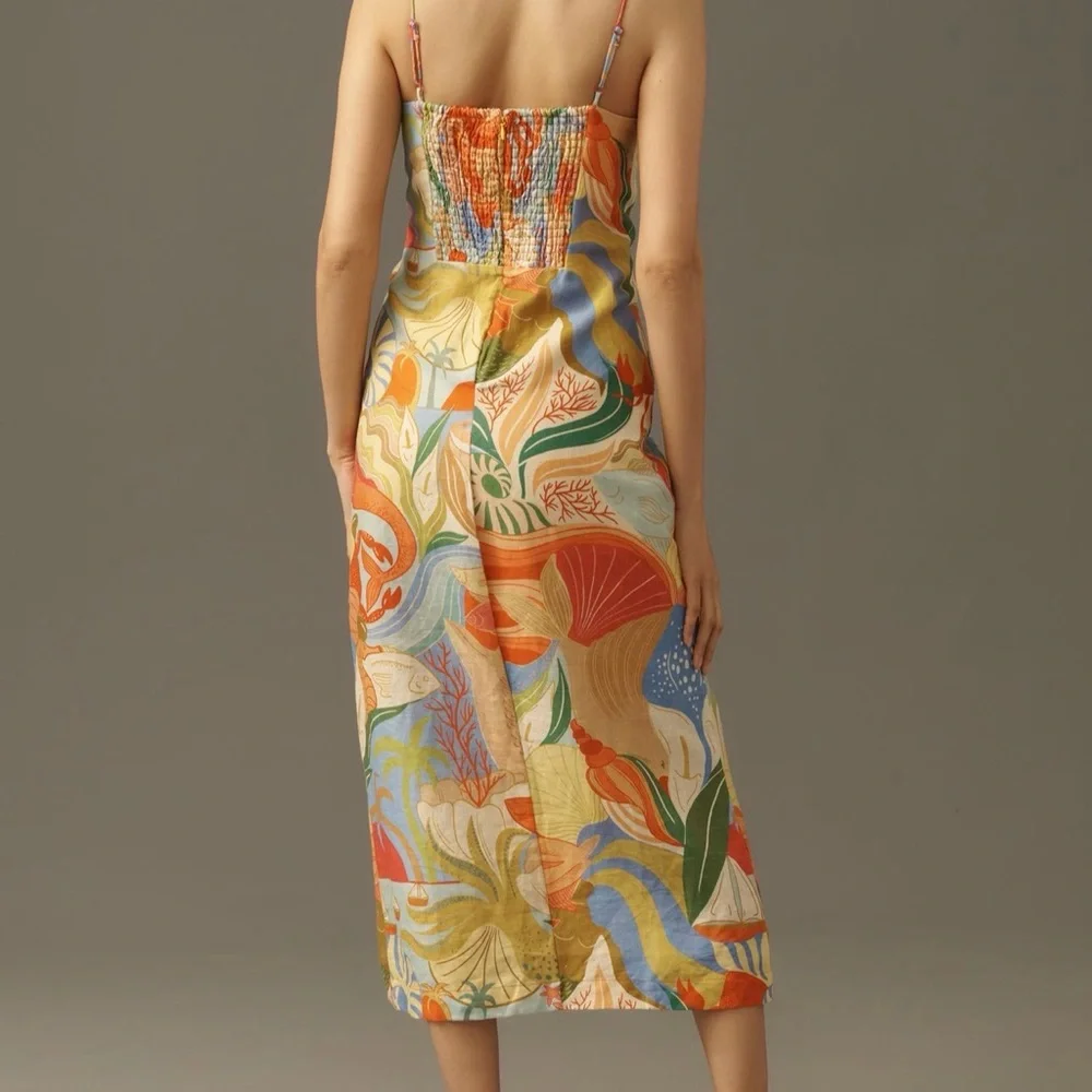 FARM Rio Linen sleeveless sweat heart slim midi dress in ocean view multicolor - Picture 2 of 9